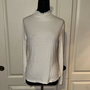 WHITE RIBBED LETTUCE TRIM MOCK NECK LONG SLEEVE